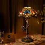 TIFFANY TABLE LAMP BLUE PETAL GROVE WITH STAINED GLASS SHADE