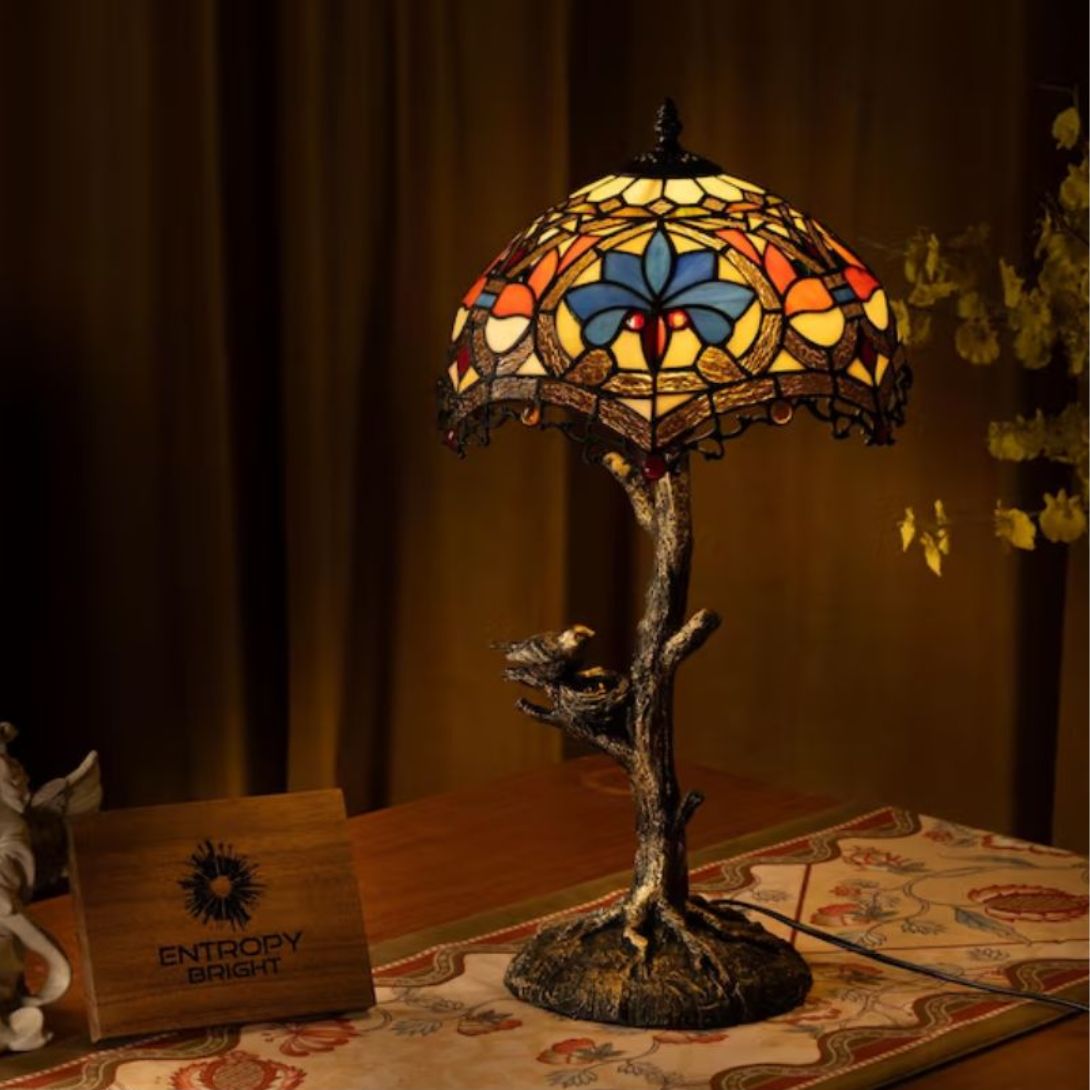 Untitled design (4) TIFFANY TABLE LAMP BLUE PETAL GROVE WITH STAINED GLASS SHADE