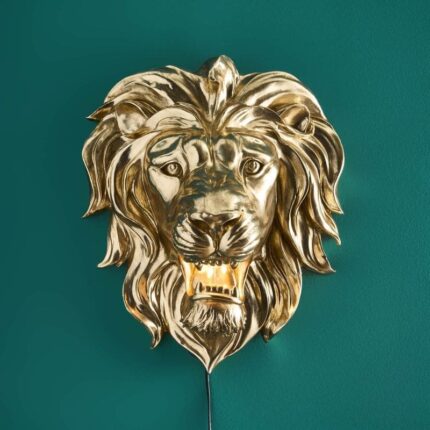 Gold Lion Wall Lamp – sculptural animal lamp with gold-finish lion head and E14 socket, displayed as decorative wall light and modern wall art decor for living rooms