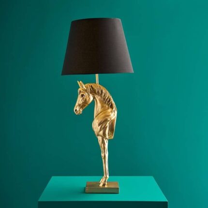 Gold Wendy Horse Lamp — sculptural gold table lamp and animal horse lamp in polyresin, 68.5 cm tall, for entryway and modern living room decor