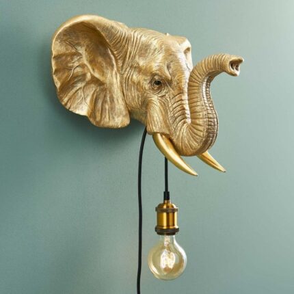 Gold Elephant Jumbo Wall Lamp — sculptural elephant lamp sale and decorative wall light with rich gold finish by Lume Art Gallery