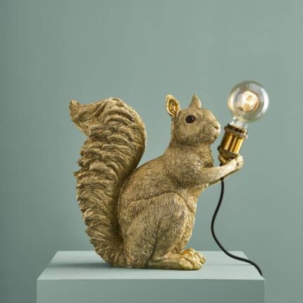 Gold Squirrel Table Lamp — animal lamp in polyresin with gold finish, holding a light bulb, 34.5 cm, ideal for living rooms, desks and entryways
