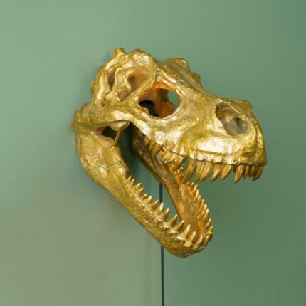Dinosaur Rexy Wall Lamp with metallic gold patina finish — sculptural gold decor for walls and animal lamp for modern living room, hallway or entryway decor