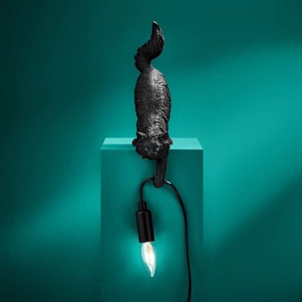 Cat Chichi Black Table Lamp – sculptural polyresin and metal animal lamp, 34cm, E14 socket, black finish