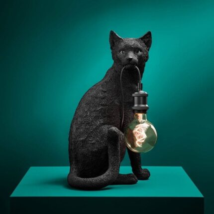Cat Chouchou Black Table Lamp — sculptural sitting black cat animal lamp in matte polyresin and metal, 44.5 cm tall, novelty deco art lamp for modern living room, bedroom or office | Lume Art Gallery
