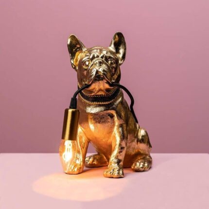 Francis Gold Dog Lamp — sculptural French bulldog holding a bulb, gold polyresin dog lamp sale by Lume Art Gallery