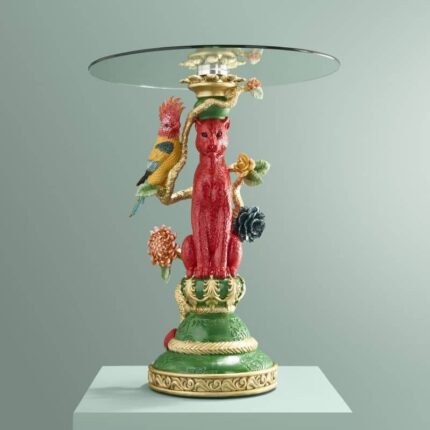 Side Table Leopard with Cockatoo Multicolored