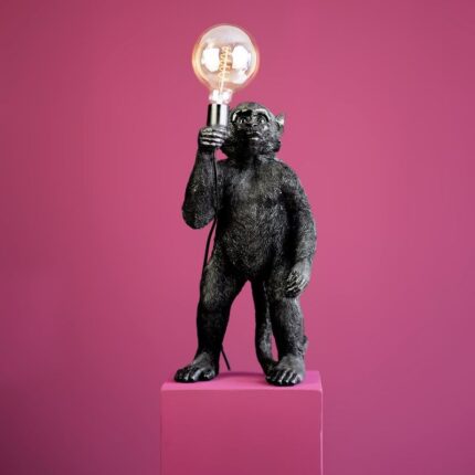 Black Koko Monkey Lamp — sculptural animal lamp with black metal finish, 55 cm tall, ideal as a monkey lamp or deco art piece for modern living rooms
