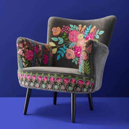 Velvet Armchair with Floral Design Lotte Gray Hand-Embroidered