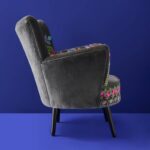 Velvet Armchair with Floral Design Lotte Gray Hand-Embroidered