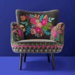 Velvet Armchair with Floral Design Lotte Gray Hand-Embroidered