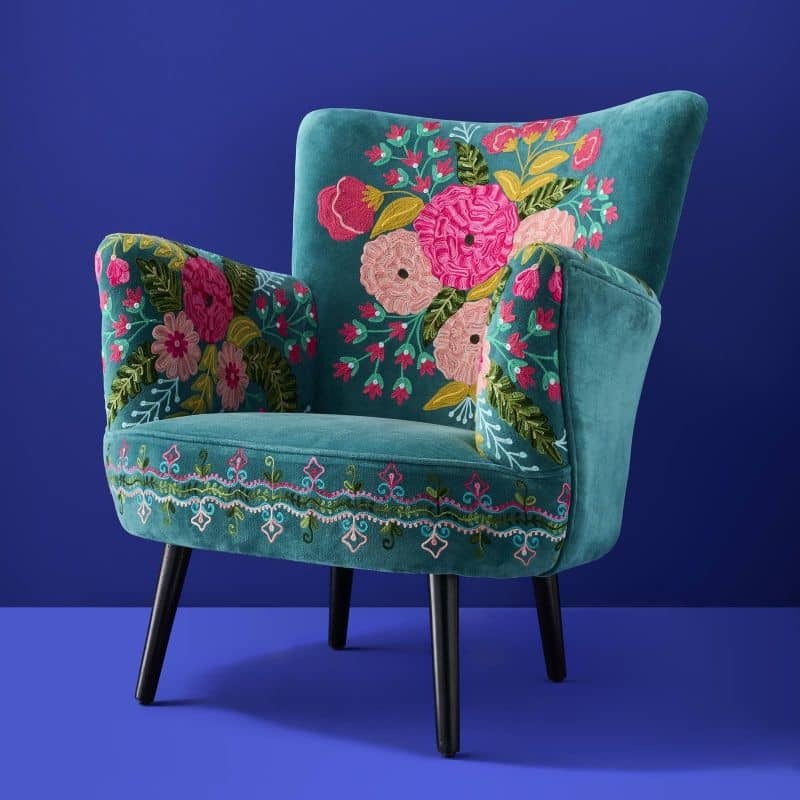 e11 Velvet Armchair with Floral Design Frida Turquoise Hand Embroidered