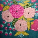 Velvet Armchair with Floral Design Frida Turquoise Hand Embroidered