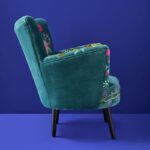 Velvet Armchair with Floral Design Frida Turquoise Hand Embroidered