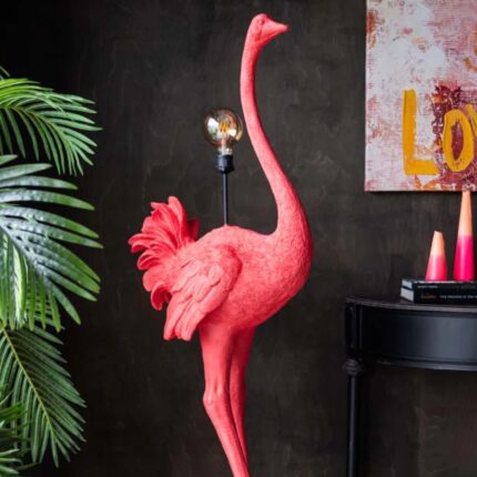 Fabulous pink ostrich floor lamp - unique animal lamp standing 146cm tall with detailed resin feathers and exposed bulb design.