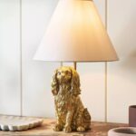 Shop The Icon Dog Table Lamp King Charles Cavalier with antique gold finish and fabric shade – novelty animal lamps from Lume Art Gallery