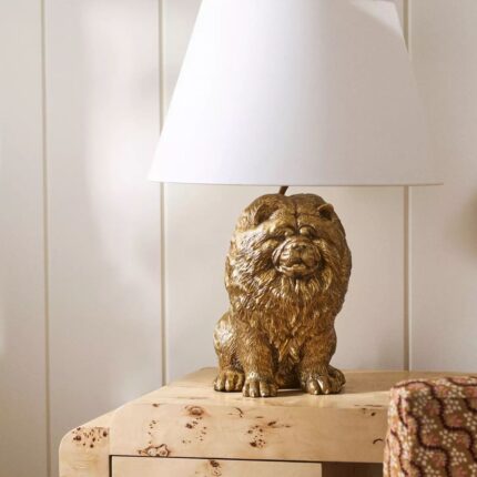 The Icon Table Lamp with gold metal sculpted fur base and white fabric shade — luxury animal lamp by Lume Art Gallery