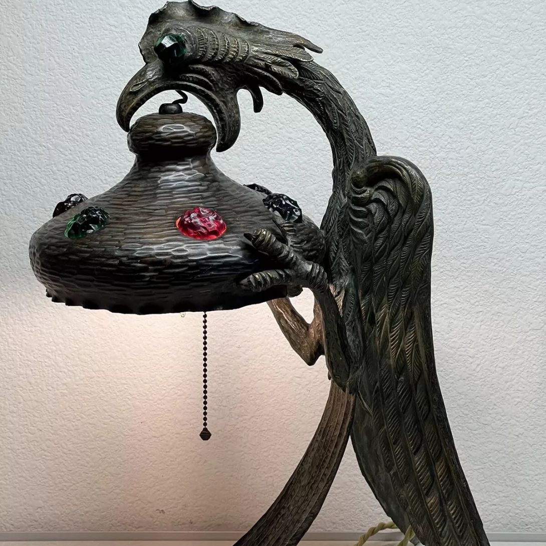 1 ANTIQUE ART NOUVEAU JEWELLED CHUNK GLASS AUSTRIAN BRONZE GRIFFON DRAGON LAMP