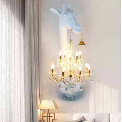 Giraffe Deco Art Lamp – White Sculptural Animal Wall Light With Crystal Chandelier Detail by Lume Art Gallery