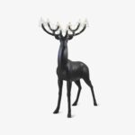 Black Deer Floor Lamp – life-sized sculptural animal lamp with crystal antler chandelier, handcrafted matte black polyresin novelty floor lamp for modern living rooms
