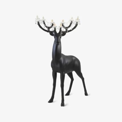 Black Deer Floor Lamp – life-sized sculptural animal lamp with crystal antler chandelier, handcrafted matte black polyresin novelty floor lamp for modern living rooms