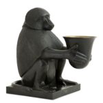 Monkey Sculpture for Sale – a matte black handcrafted animal sculpture holding a bronze-lined bowl with integrated lighting, displayed as a modern floor sculpture for luxury home décor