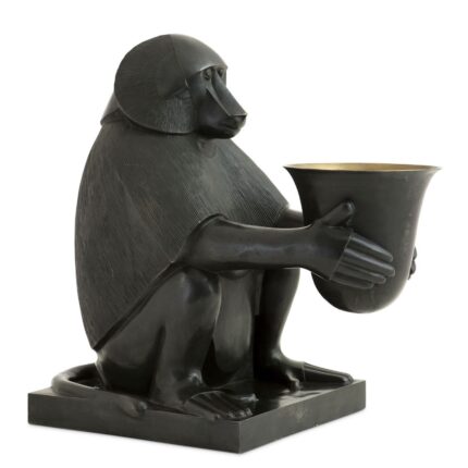 Monkey Sculpture for Sale – a matte black handcrafted animal sculpture holding a bronze-lined bowl with integrated lighting, displayed as a modern floor sculpture for luxury home décor