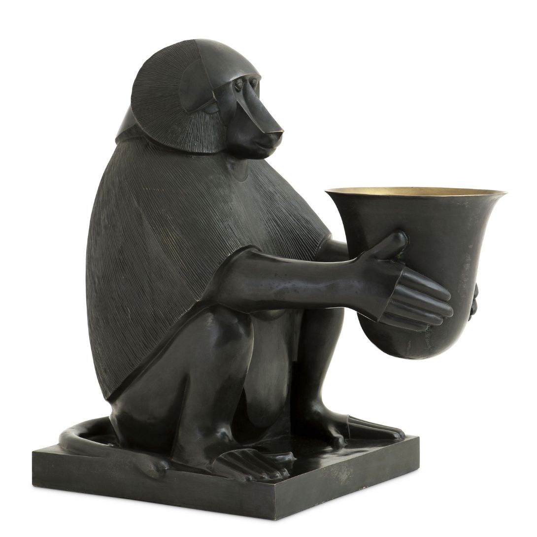 Monkey Sculpture for Sale – a matte black handcrafted animal sculpture holding a bronze-lined bowl with integrated lighting, displayed as a modern floor sculpture for luxury home décor Monkey Sculpture for Sale – a matte black handcrafted animal sculpture holding a bronze-lined bowl with integrated lighting, displayed as a modern floor sculpture for luxury home décor