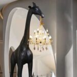 Black giraffe sculpture floor lamp with gold crystal chandelier – unique animal lamp for living room by Lume Art Gallery