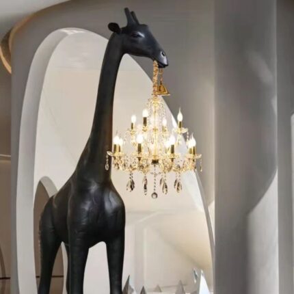 Black giraffe sculpture floor lamp with gold crystal chandelier – unique animal lamp for living room by Lume Art Gallery