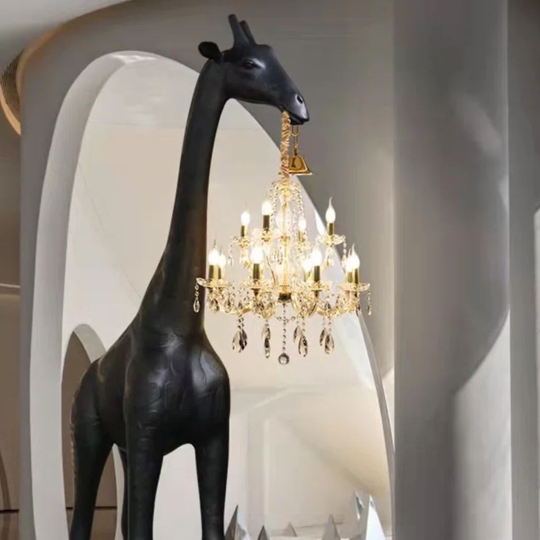 Black giraffe sculpture floor lamp with gold crystal chandelier – unique animal lamp for living room by Lume Art Gallery Black giraffe sculpture floor lamp with gold crystal chandelier – unique animal lamp for living room by Lume Art Gallery