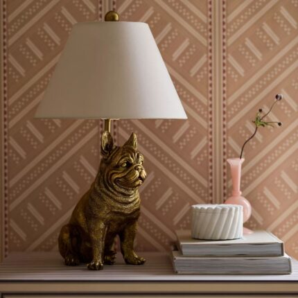 The Icon Table Lamp Dog Edition Frenchie — sculptural dog lamp with antique gold finish, E26 socket, white cotton cord, animal lamp for entryway decor