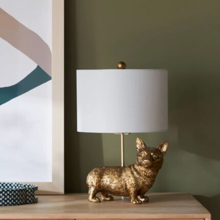 The Icon Table Lamp Dog Edition Corgi — sculptural gold dog lamp and metal animal lamp with E26 socket and in-line switch, ideal as a entryway lamp for modern living rooms