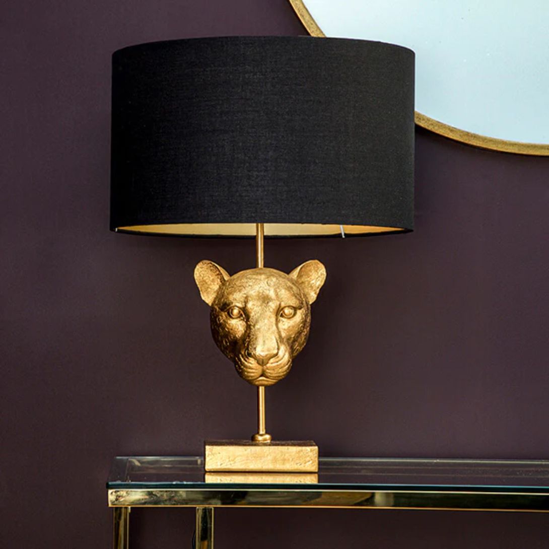 1 ELEGANT LEOPARD HEAD LAMP BASE WITH BLACK SHADE