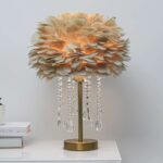 FEATHER TABLE LAMP WITH ROMANTIC CRYSTAL TASSELS LIGHT BROWN