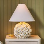 Aster Daisy Table Lamp — white resin daisy flower table lamp with soft linen shade, a botanical deco art lamp for bedroom and living room decor