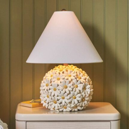 Aster Daisy Table Lamp — white resin daisy flower table lamp with soft linen shade, a botanical deco art lamp for bedroom and living room decor