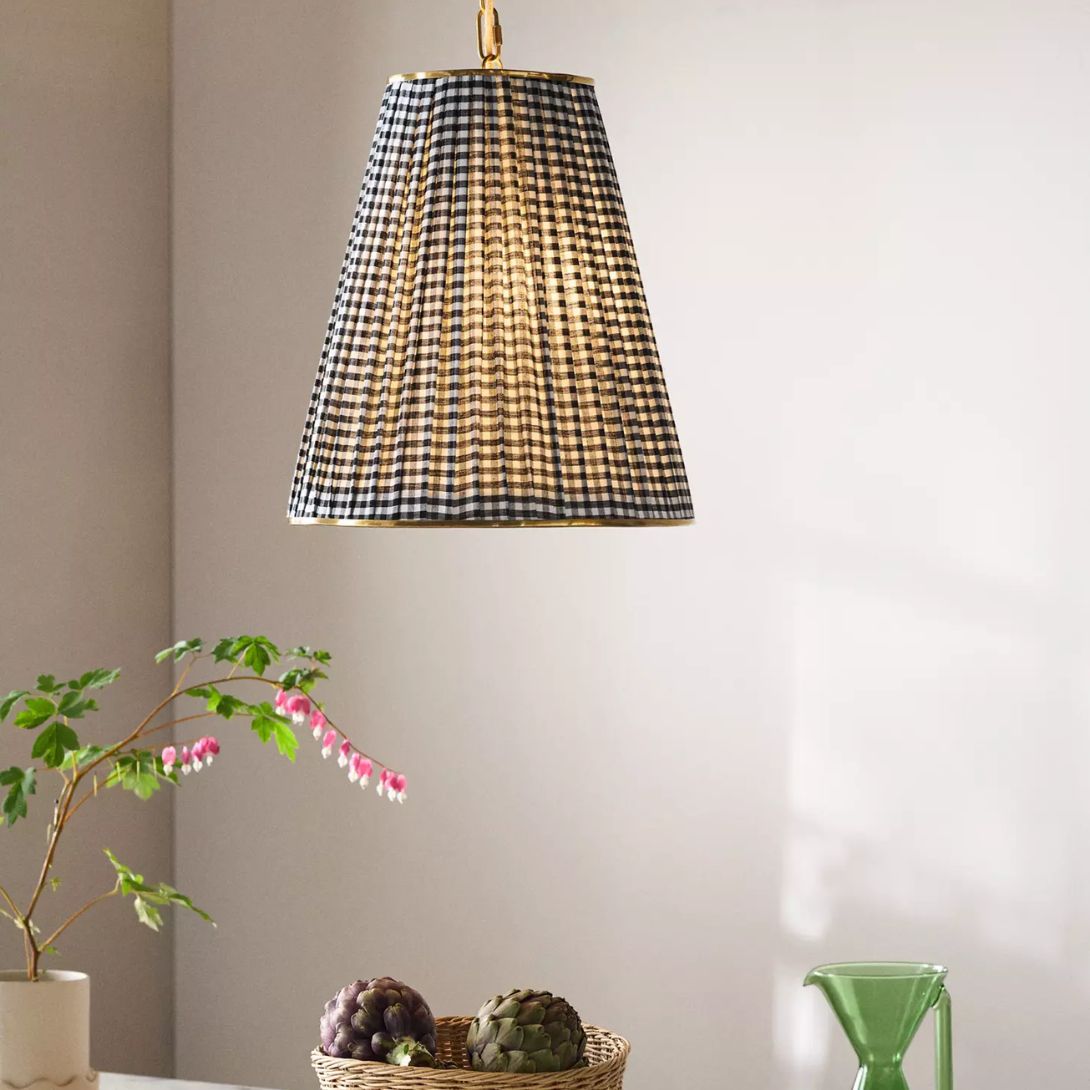 1 LEE RUCHED ARTICULATING PRINTED SHADE BRASS TALL PENDANT BLACK AND WHITE
