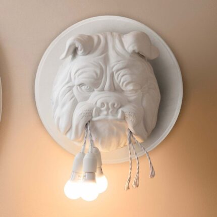 Bulldog White Ceramic Wall Lamp— sculptural dog lamp with three E27 LED bulbs for modern wall decor