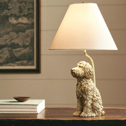 The Icon Table Lamp Dog Edition Doodle — antique gold polyresin dog lamp and sculptural animal lamp, ideal as a gold table lamp for modern living room decor