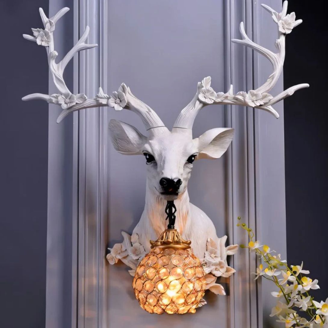 White Deer Antler Lamp with white floral antlers and crystal globe — luxury animal lamp and decorative wall light by Lume Art Gallery White Deer Antler Lamp with white floral antlers and crystal globe — luxury animal lamp and decorative wall light by Lume Art Gallery
