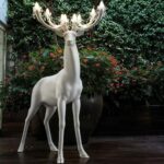 Deer Art Deco Floor Lamp – a life-sized white deer animal lamp with crystal-lit antler chandelier branches, a handcrafted novelty floor lamp for modern living room and art deco interiors