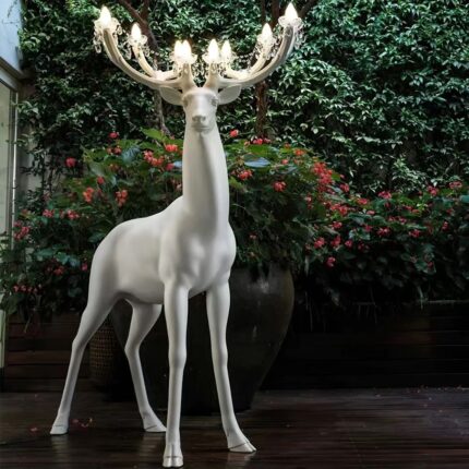Deer Art Deco Floor Lamp – a life-sized white deer animal lamp with crystal-lit antler chandelier branches, a handcrafted novelty floor lamp for modern living room and art deco interiors