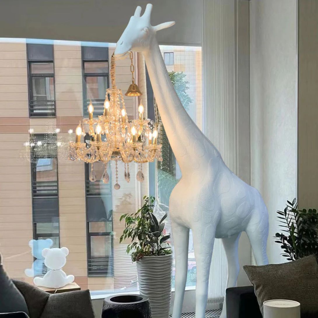 Giraffe Floor Lamp with chandelier lighting in a modern living room – handcrafted animal sculpture by Lume Art Gallery Giraffe Floor Lamp with chandelier lighting in a modern living room – handcrafted animal sculpture by Lume Art Gallery