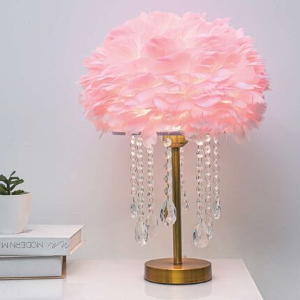 FEATHER TABLE LAMP WITH ROMANTIC CRYSTAL TASSELS PINK