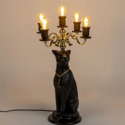 Proudly Crowned Panther Lamp – black animal table lamp with gold chain accent and five vintage-style bulbs, by Lume Art Gallery