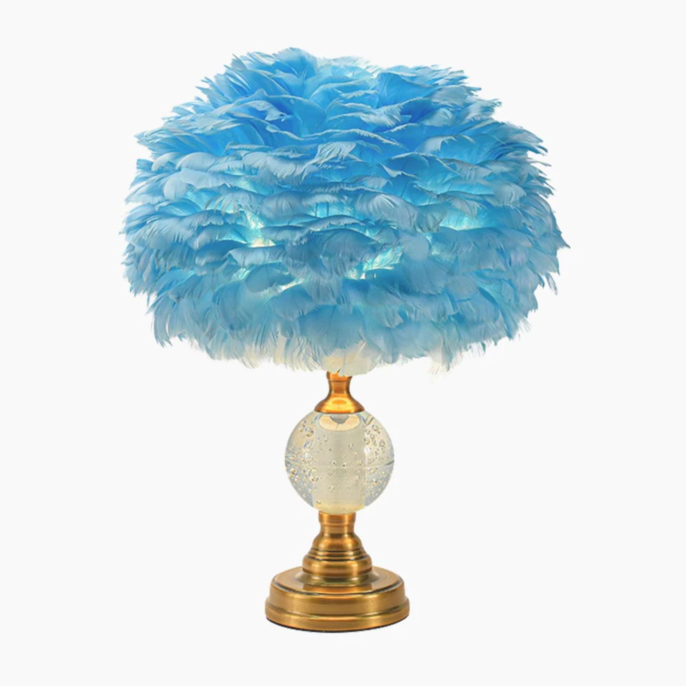 4 FEATHER TABLE LAMP ROMANTIC CRYSTAL GLOBE WITH BRASS LAMP BASE BLUE