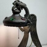 ANTIQUE ART NOUVEAU JEWELLED CHUNK GLASS AUSTRIAN BRONZE GRIFFON DRAGON LAMP