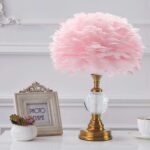 FEATHER TABLE LAMP ROMANTIC CRYSTAL GLOBE WITH BRASS LAMP BASE PINK