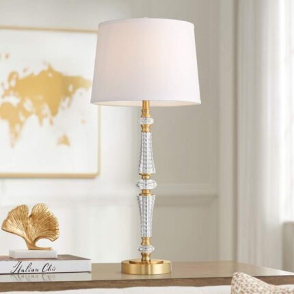 HIGH BRASS AND CRYSTAL TABLE LAMP